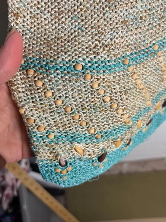 Sigrid Olsen Size Xl Costal Beach Open Knit Beaded Sweater Cream Teal Stripes - Picture 2 of 6